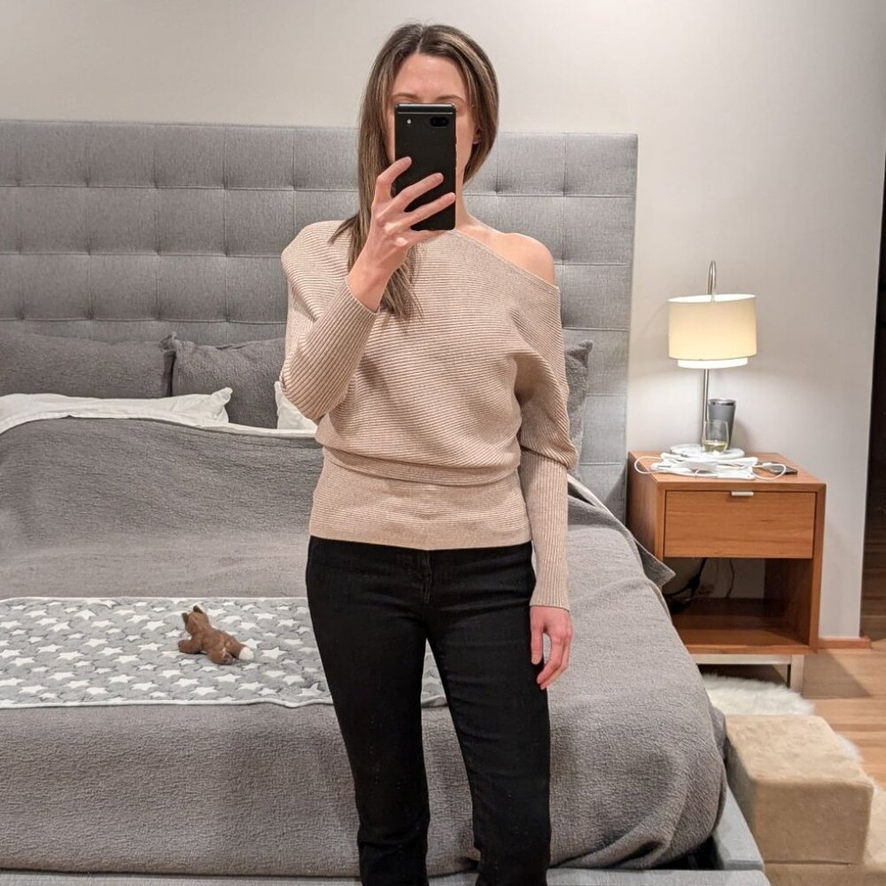 NWOT Reiss Lorna One-Shoulder Rib Knit Top XS Tan Stone